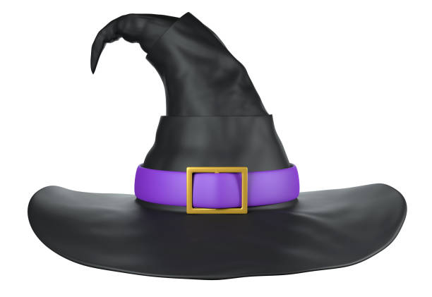 Halloween black witch hat sitting on a white background with purple buckle. Easy to crop for all your social media and design need. Produced with 3D software and PS.