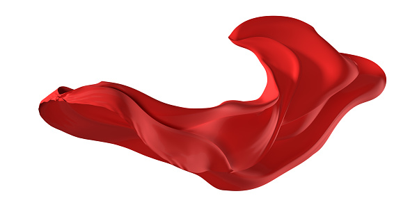 Superhero red cape flowing on white background for Halloween and superpower concept. Produced with 3D software.