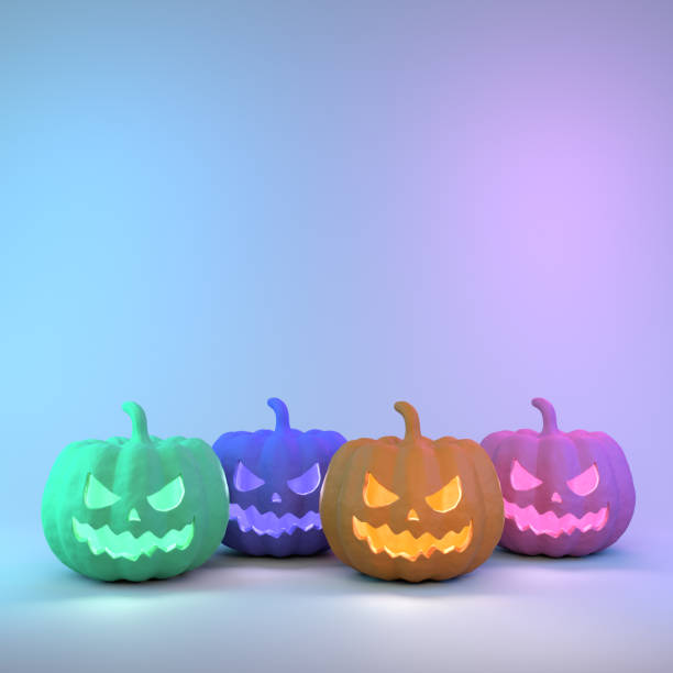 Carved colorful squashes for Halloween holiday spooky background with fluorescent neon color pink and blue background. Easy to crop for all your social media and design need. Halloween concept. Produced with 3D software and PS.