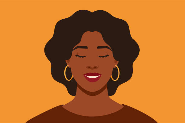 Young African American woman smiling with closed her eyes. Young African American woman smiling with closed her eyes. Black dreamy girl on yellow background, front view. Vector illustration one woman only stock illustrations