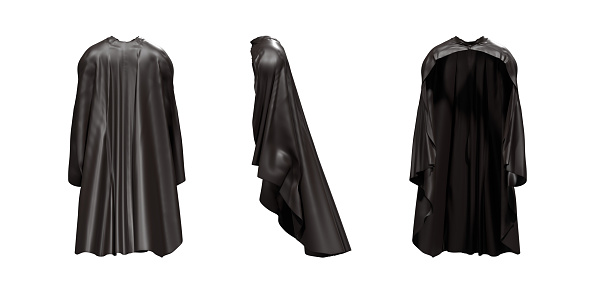 Superhero black capes are hanging on white background for Halloween and superpower concept. Front, side and back view. Produced with 3D software.