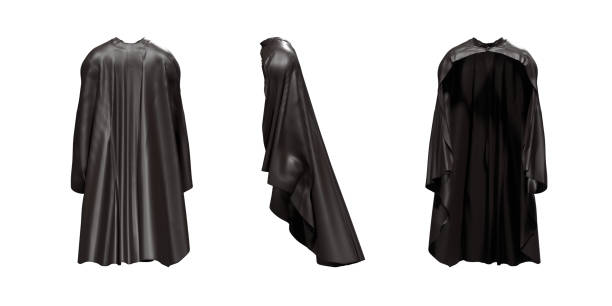 Superhero Black Cape is Hanging in Different Angles on White Background for Halloween Concept Superhero black capes are hanging on white background for Halloween and superpower concept. Front, side and back view. Produced with 3D software. hanging fabric stock pictures, royalty-free photos & images