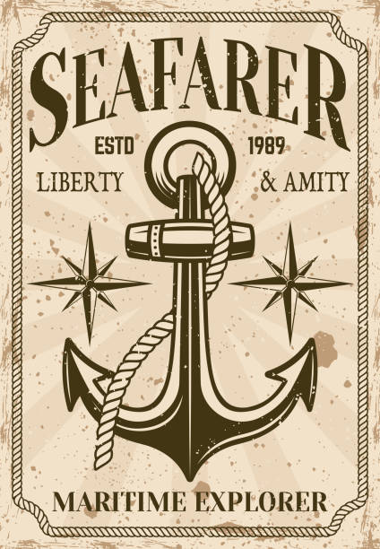 Nautical poster in vintage style with anchor, seafarer headline and grunge textures on separate layer vector illustration
