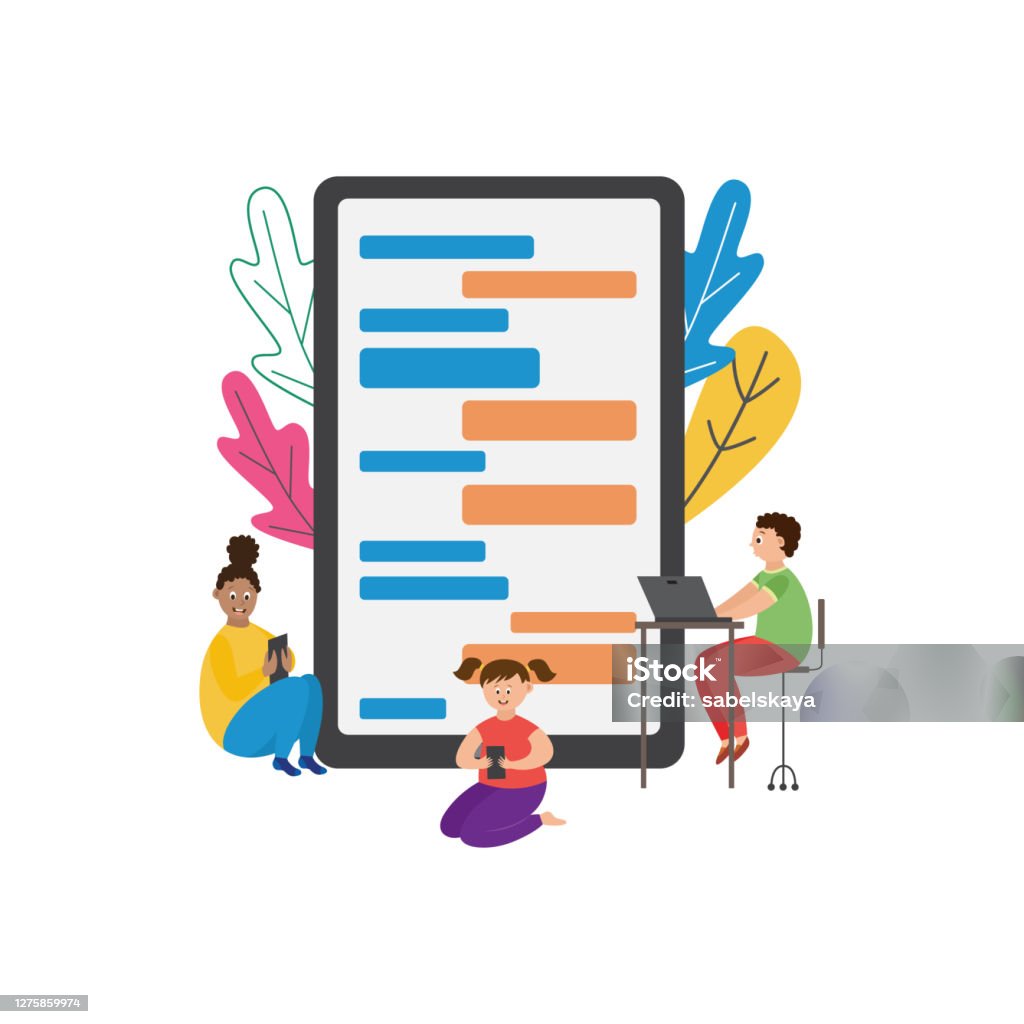Ilustración de Niños De Dibujos Animados Usando Tecnología Pantalla De Tableta Gigante Con Aplicación De Mensajes De Texto y más Vectores Libres de Derechos de Adolescente - iStock Ilustración de Niños De Dibujos Animados Usando Tecnología Pantalla De Tableta Gigante Con Aplicación De Mensajes De Texto y más Vectores Libres de Derechos de Adolescente - iStock