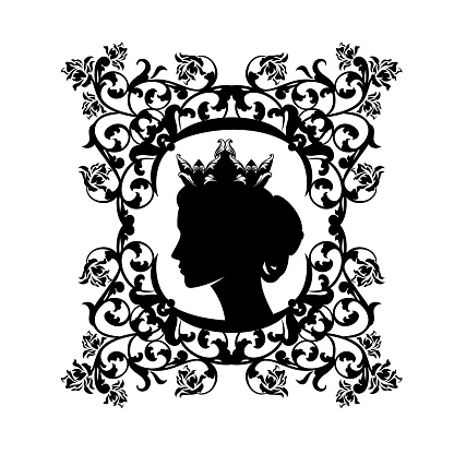 beautiful fairy tale queen profile head - black and white vector silhouette portrait of woman wearing crown among rose flowers decor