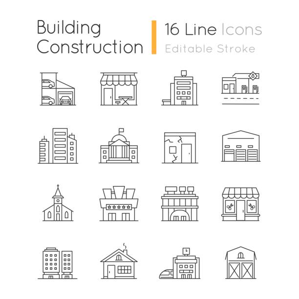Industrial buildings fronts pixel perfect linear icons set Industrial buildings pixel perfect linear icons set. High rise skyscrapers. Car parking. Cinema theater. Customizable thin line contour symbols. Isolated vector outline illustrations. Editable stroke movie drawings stock illustrations