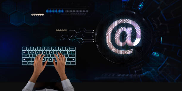 istock Business woman works on touch screen about Mailing system 1275862976