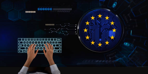 mujer de negocios trabaja en pantalla táctil sobre la unión europea - euro symbol currency internet computer keyboard fotografías e imágenes de stock