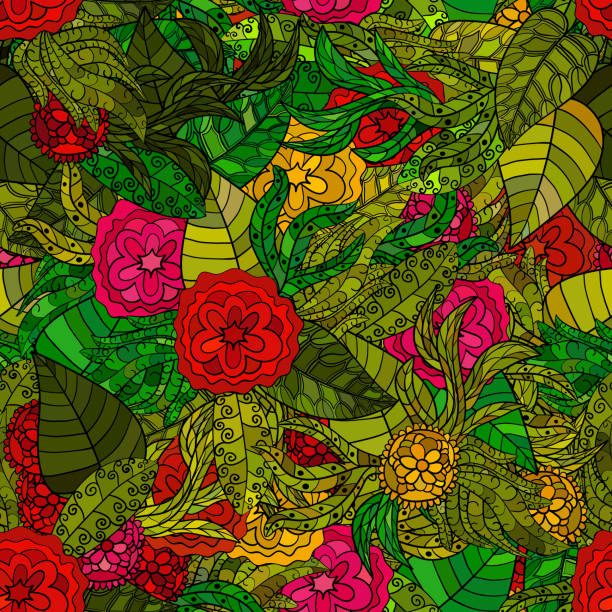 ręcznie rysowany wektor kwiatowy bezszwowy wzór - pattern seamless doodle retro revival stock illustrations