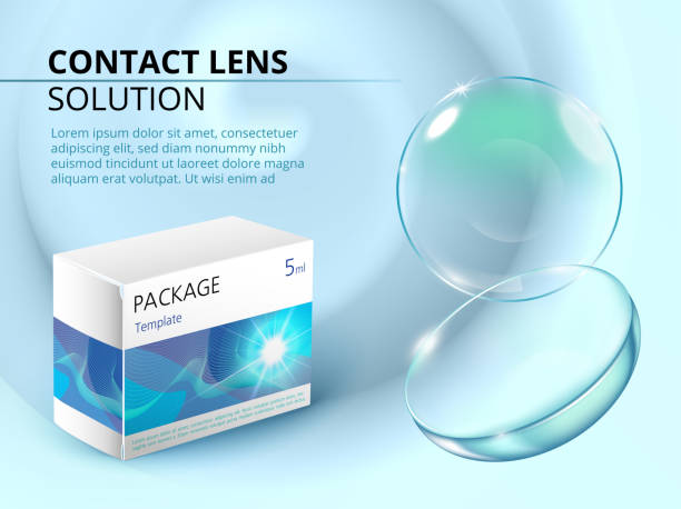 Ads template with realistic contact lens, water splash and medicine package. Blue advertising background. vector art illustration