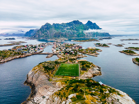 Aerial view of Henningsvaer archipelago and football stadium on Lofoten islands