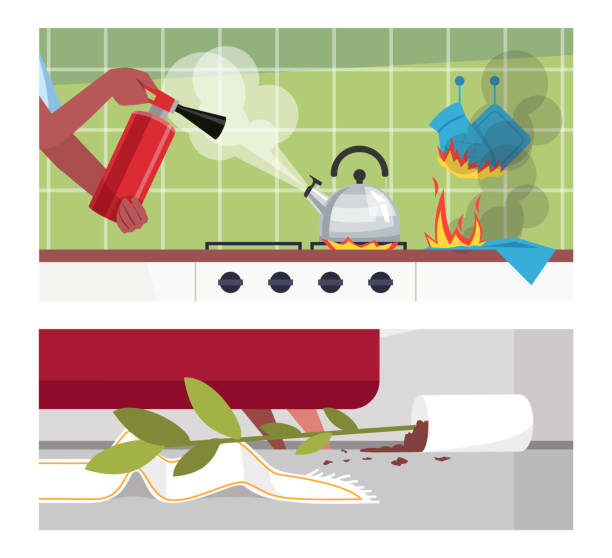 illustrations, cliparts, dessins animés et icônes de désastreux événements à la maison semi-plat ensemble d’illustration vectorielle - cooking fail