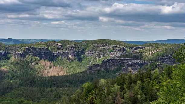 panoramic view sandstone rocks on trail to winterberg mountain in saxon switzerland, Germany