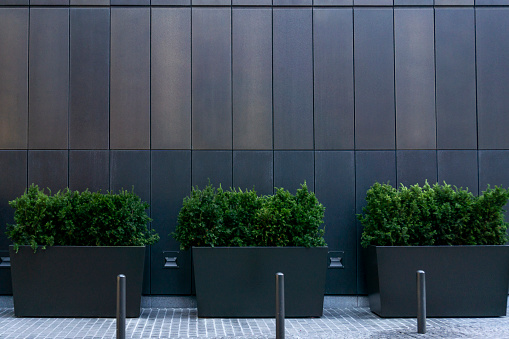 Big gray, metal planters with foliage plants and terrace design with a modern mix of construction material