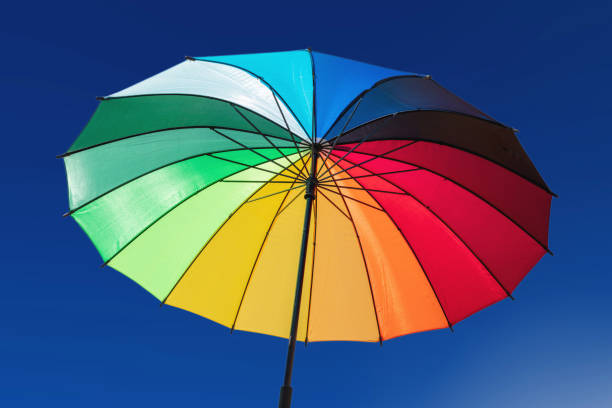 istock Umbrella rainbow colors on blue sky background 1275868525