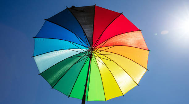 istock Umbrella rainbow colors on blue sky background 1275868536