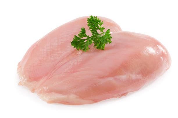 istock Raw chicken fillet with parsley isolated on white background 1275871525