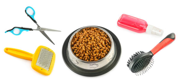 istock Dry food, combs, shampoo and scissors isolated on white background. 1275872794