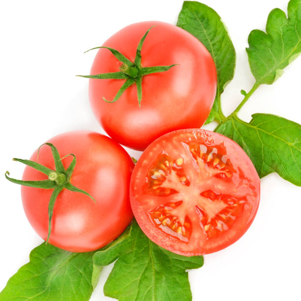 istock Fresh tomato fruits with slices isolated on white background 1275872800