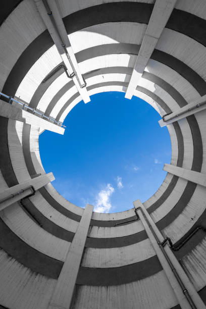 Blue sky in middle of spiral park house drive Spiral driving ramp up to parking house braunschweig photos stock pictures, royalty-free photos & images