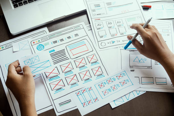 Website designer Creative planning application developer development draft sketch drawing template layout prototype framework wireframe design studio . User experience concept . diseñador de sitios web diseñador de aplicaciones de planificación creativa desarrollo de aplicaciones desarrollo de proyecto de dibujo de dibujo de diseño de plantilla de diseño de marco de estructura alámbrica studio . concepto de experiencia de us