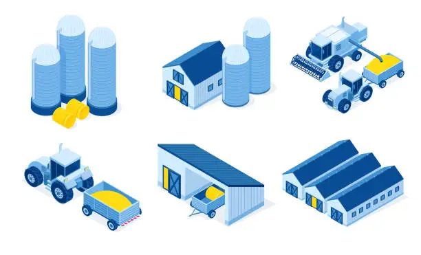 Vector illustration of Isometric storehouse and agricultural machinery