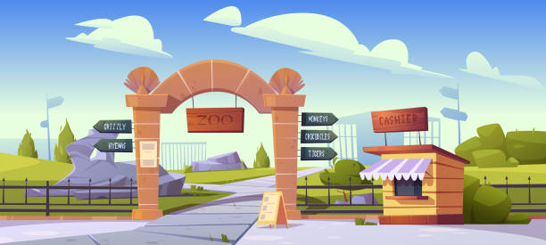 Zoo gates with pointers to wild animals cages Zoo gates with pointers to wild animal cages monkeys, crocodiles, tigers, grizzly and hyenas. Outdoor park entrance with cashier booth, billboard, fencing and stone pillars Cartoon vector illustration empty zoo cage stock illustrations