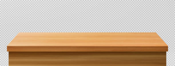 Wood table foreground, vintage tabletop front view Wooden table foreground, tabletop front view, brown rustic countertop of wood surface. Retro dining desk or plank texture isolated on transparent background, realistic 3d vector mock up wood stock illustrations