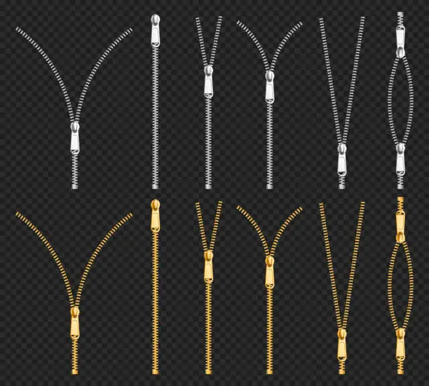 Vector illustration of Metal zip fasteners, zippers puller set