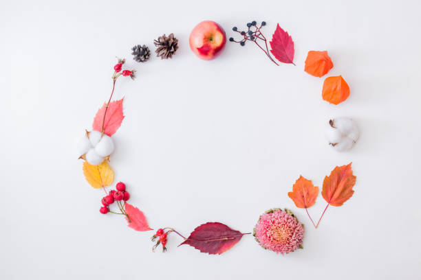 istock Flat lay frame with colorful autumn leaves, flowers, berries on a white background 1275877154