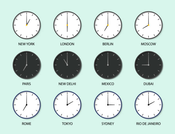 시계가 있는 시간대입니다. 월드 워치 아이콘. 다른 시간대. 국제 벽 시계 세트. 런던, 뉴욕, 도쿄에 대한 글로벌 시간 얼굴 시계. 시장 및 공항에 대한 일러스트레이션. 벡터 - 시간대 stock illustrations