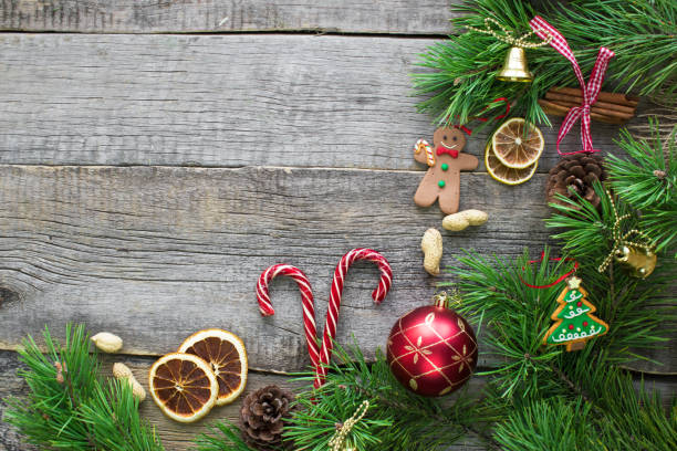 istock Christmas background with fir branches and Christmas decorations, copy space 1275878623