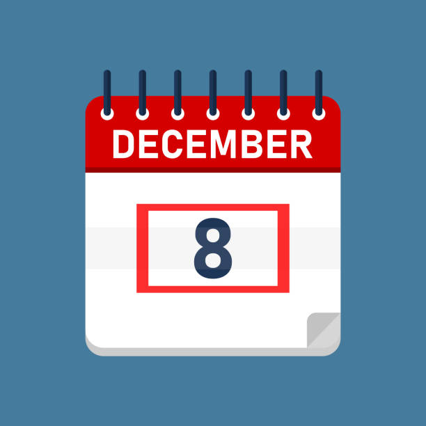 December 8 Daily Calendar Daily calendar isolated on blue background with red square. Mark the date, holiday, important date, special date. 2026 2021 stock illustrations