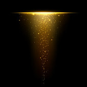 istock Gold glare from dusty upside down. Gold sparkles with gold pieces isolated on black background. Gold shimmery dust with light effect. Vector illustration 1275881690