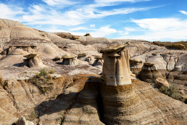 istock Badlands Alberta Canada, Panoramic view, showing erosion layers on the earth, summertime 1275884811