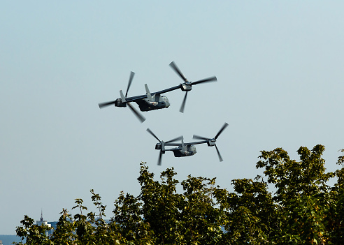 Kyiv, Ukraine - September 23, 2020: Bell-Boeing Cv-22 Osprey aircraft conducted a low-altitude flight over river Dnipro in Kyiv