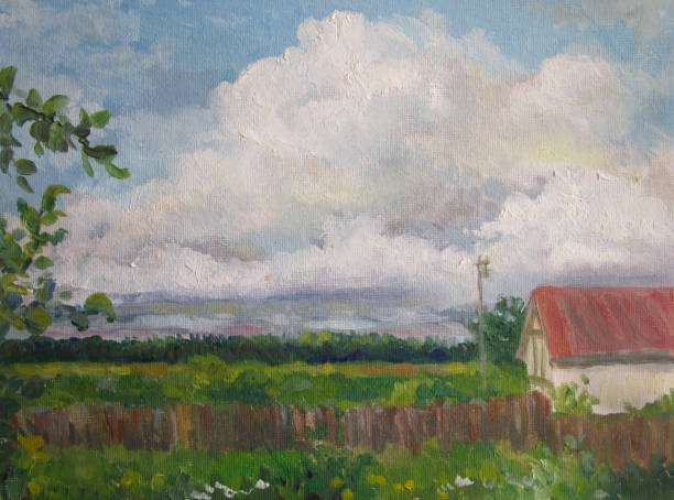 istock Big cloud in the russian country, oil painting 1275885281