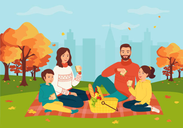 ilustrações de stock, clip art, desenhos animados e ícones de happy family with two children on a picnic in the autumn city park. the concept of an outdoor weekend in the fall. mom, dad, son, daughter are sitting together in nature. vector illustration - descida dos cestos