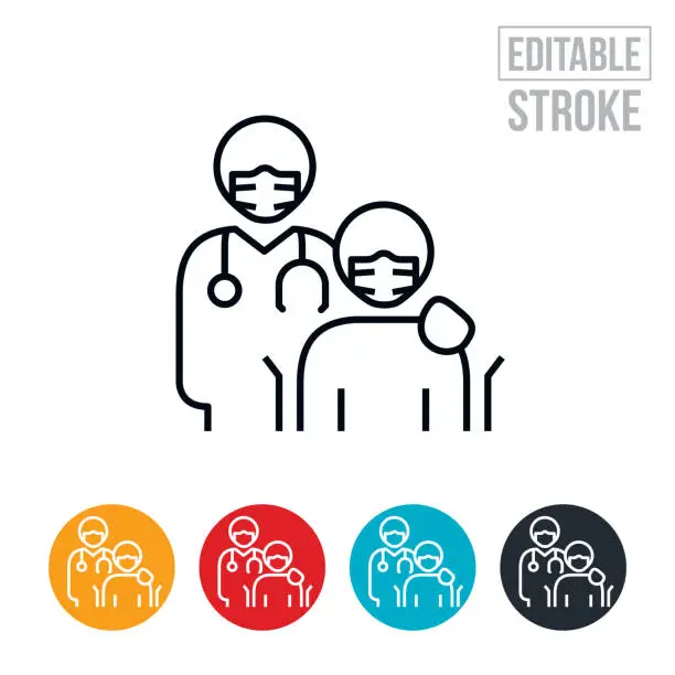 Vector illustration of Doctor And Patient In Wheel Chair Wearing Face Masks Thin Line Icon - Editable Stroke