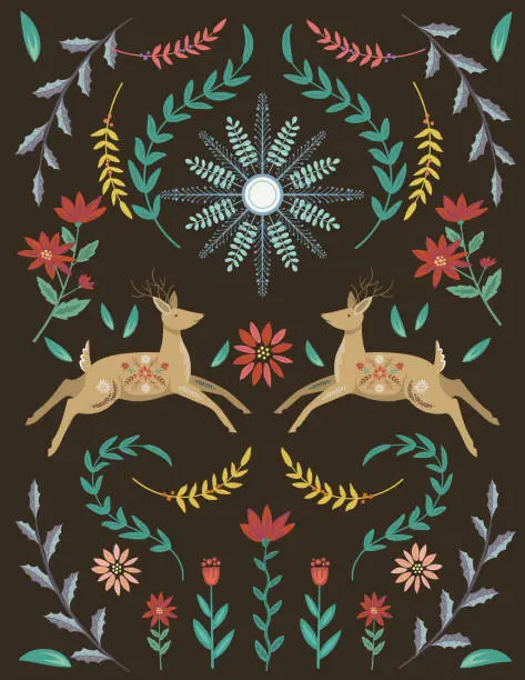 Vector illustration of Reindeer Folk Art Christmas design