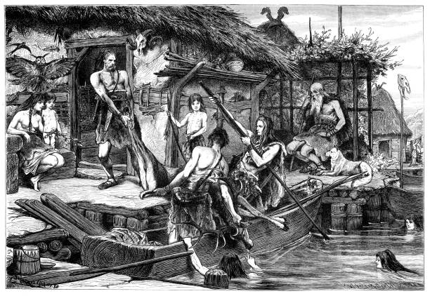 Lake dwellings with stilt houses on Lake Constance, Pfahlbaumuseum Unteruhldingen from the Neolithic Stone Age and Bronze Age ( aprox. 4000 BC ).Original edition from my own archivesSource : Gartenlaube 1880Drawing : Johannes Gehrts