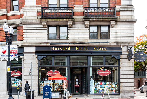 Cambridge, Massachusetts, USA - September 22, 2020: The Harvard Book Store is an independent and locally owned bookstore in Cambridge's Harvard Square. It was established in 1932 and is not affiliated with Harvard University.