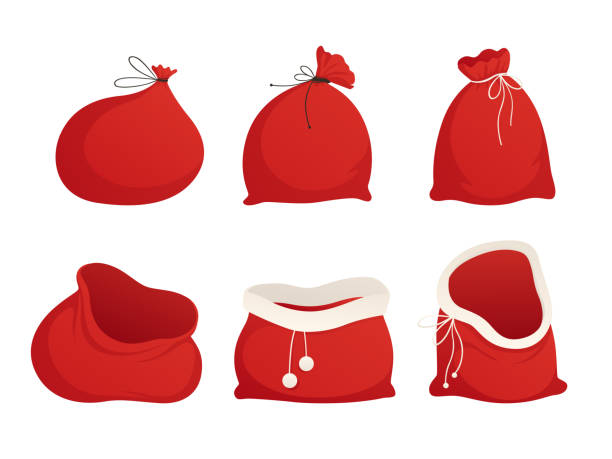 산타의 빨간 자루를 설정합니다. 묶여 비어 있습니다. 벡터 그림입니다. 흰색 배경에 격리 - santa claus bag sack christmas stock illustrations