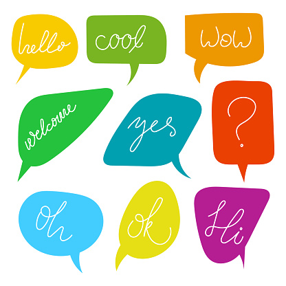 Vector set of bright varied speech bubbles. Doodle style speaking bubbles isolated on white background. Stickers with emotional phrases.