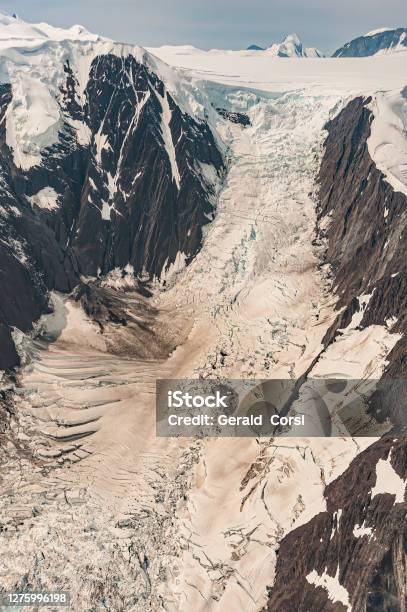 Bergschrunds Crevasse Icefalls On Alaskan Glacier Scenic Flight Over Glacier Bay National Park Alaska Glacier Features From The Air Arete And Cirques Stock Photo - Download Image Now