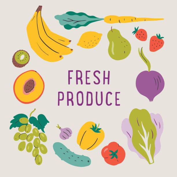 ilustrações de stock, clip art, desenhos animados e ícones de illustration of fresh produce with copy space — hand-drawn vector elements - market fruit strawberry farmers market