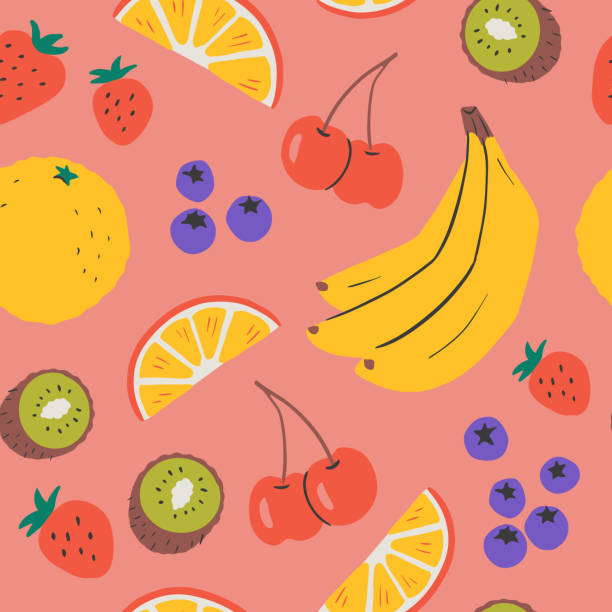 ilustraciones, imágenes clip art, dibujos animados e iconos de stock de patrón de repetición sin costuras vectorial dibujado a mano de fruta fresca - fruta ilustraciones