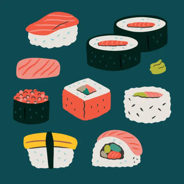 Vector illustration of Illustration of sushi — hand-drawn vector elements