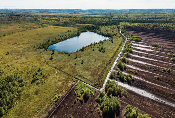 Peat Moss Farm Aerial drone view of an abandoned peat moss farm in dry Summer conditions. Peat stock pictures, royalty-free photos & images