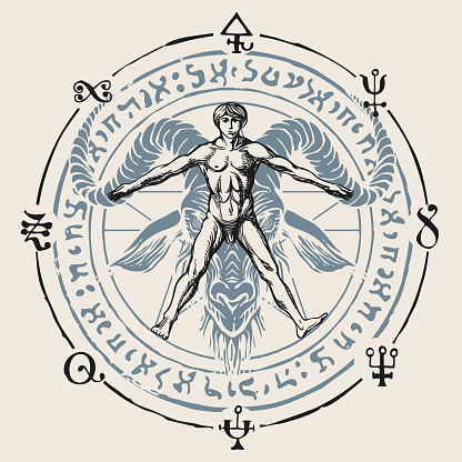 Illustration with a human figure like Vitruvian man by Leonardo Da Vinci on a background of horned goat head and witchcraft signs. Hand-drawn banner with magic signs written in a circle in retro style